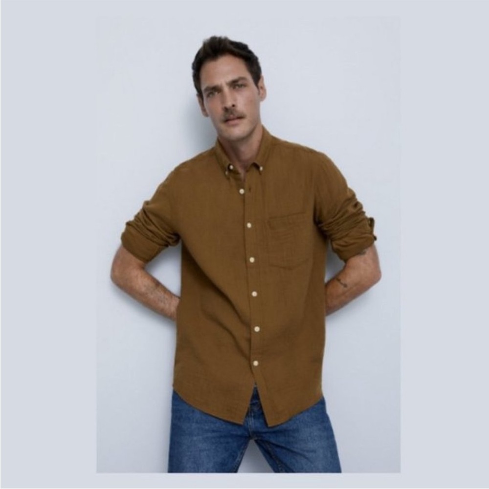 ZARA Men's Sz M Creased Effect Textured Relaxed Fit Brown Button Down Shirt